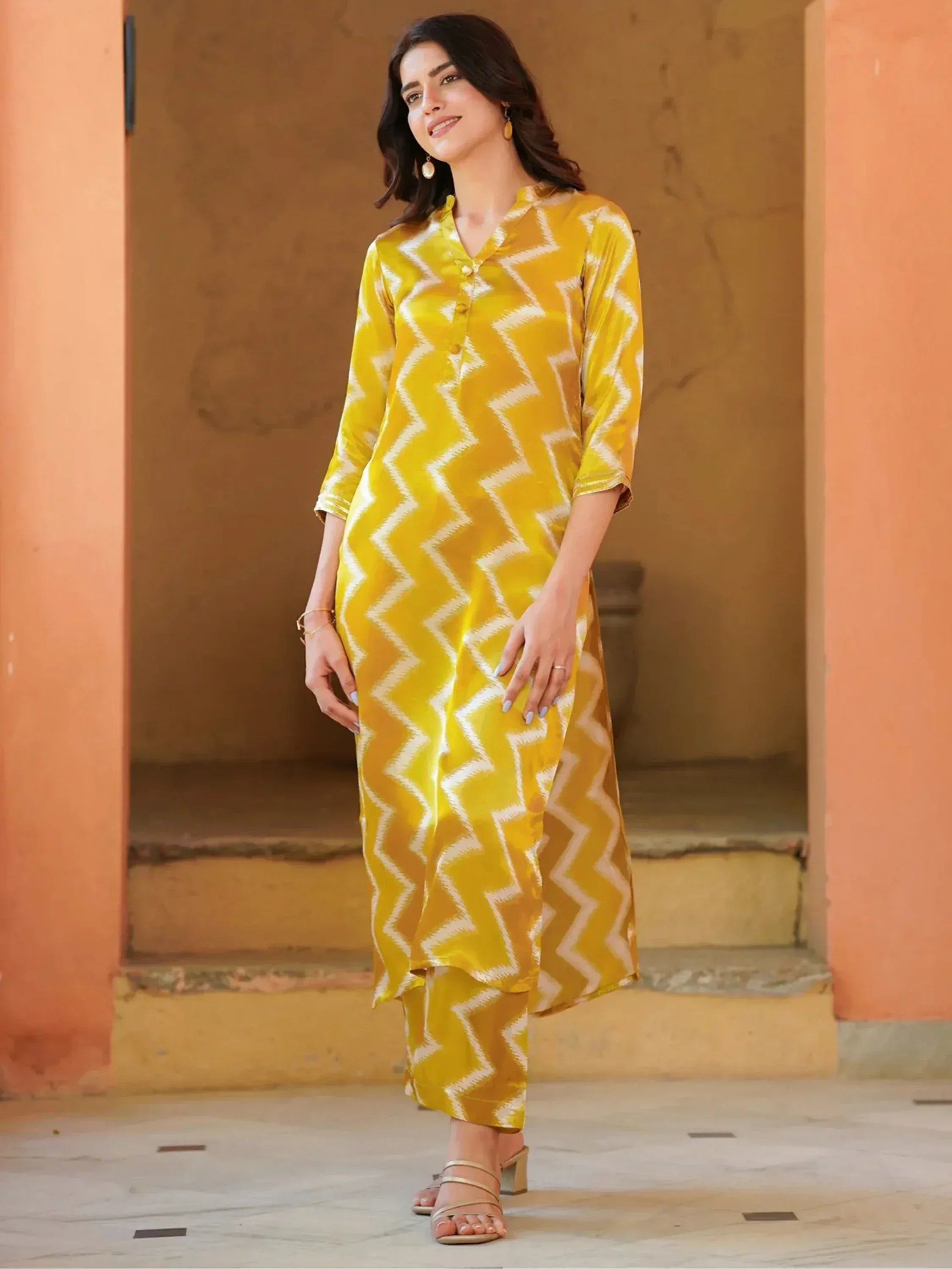 Yellow zigzag print ethnic kurta set with matching pants, stylish Indian wear for women