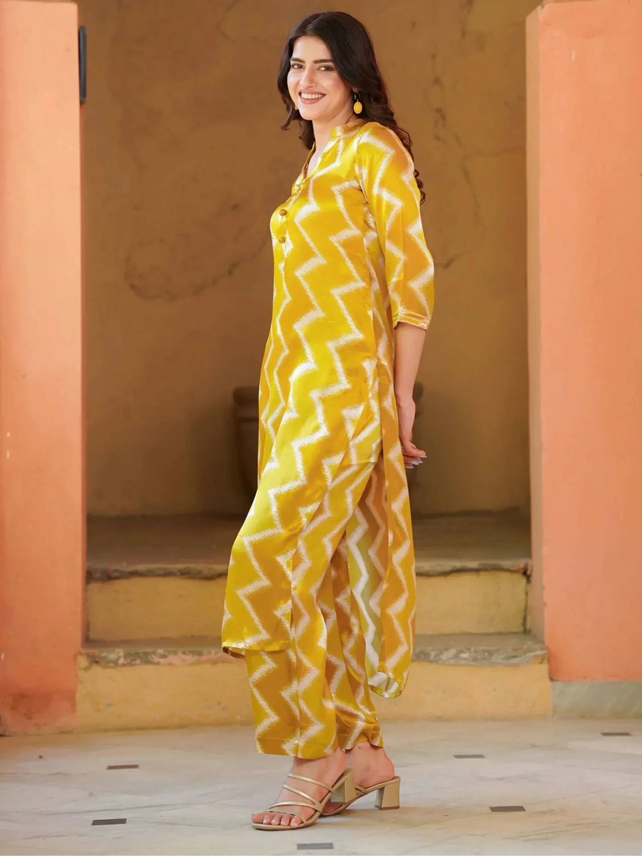 Yellow zigzag print ethnic kurta with palazzo pants, stylish Indian wear for women