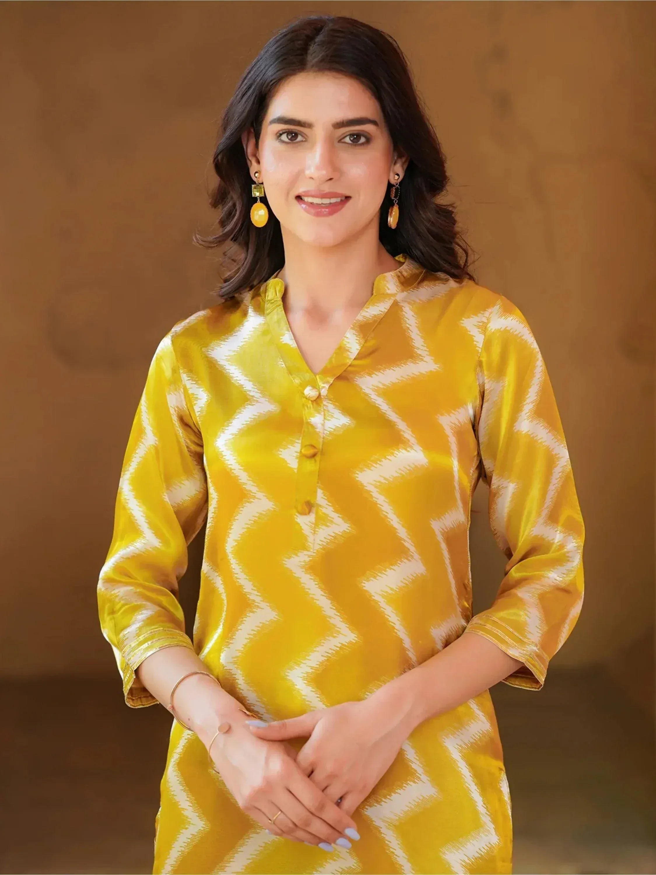 Yellow ikat print kurta with white zigzag pattern, ethnic wear for women
