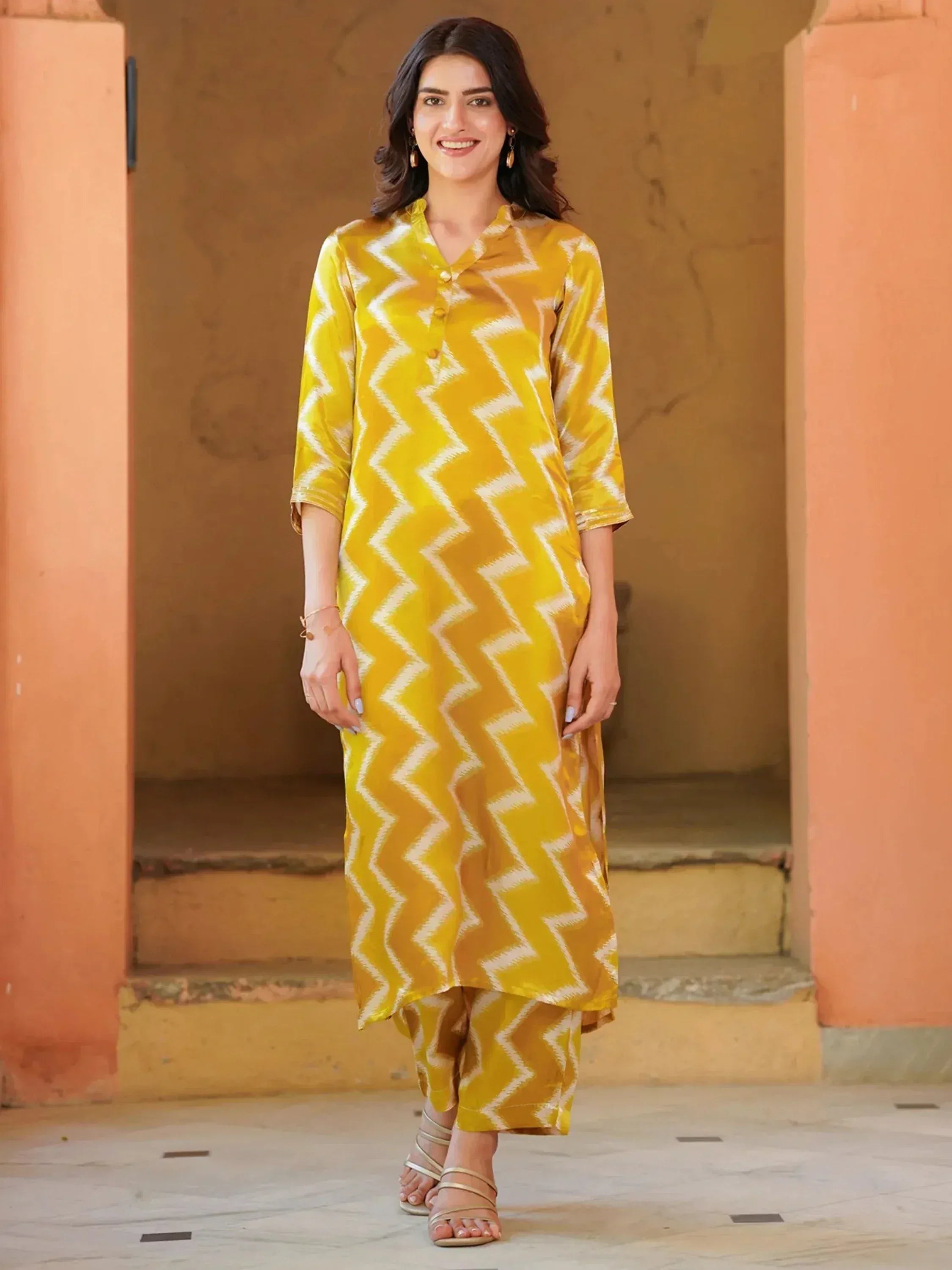 Yellow ikat print kurta with matching palazzo pants, ethnic wear for women