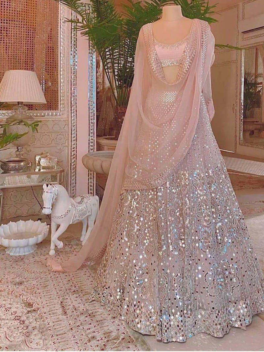 Peach Sequins Work Net Wedding Wear Lehenga Choli