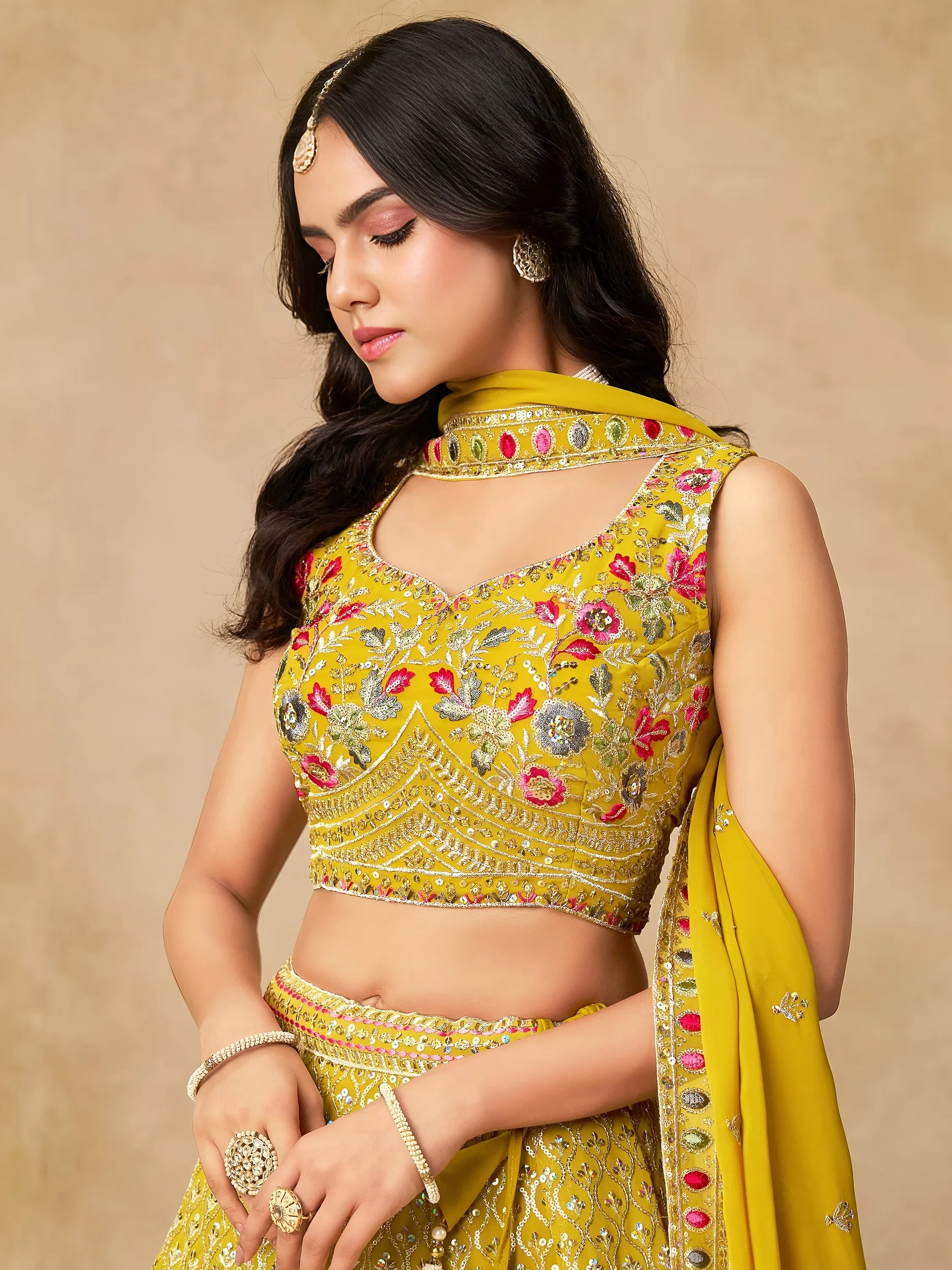 Classic Yellow Zari Embroidered Georgette Haldi Wear Lehenga Choli