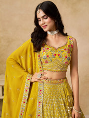 Classic Yellow Zari Embroidered Georgette Haldi Wear Lehenga Choli