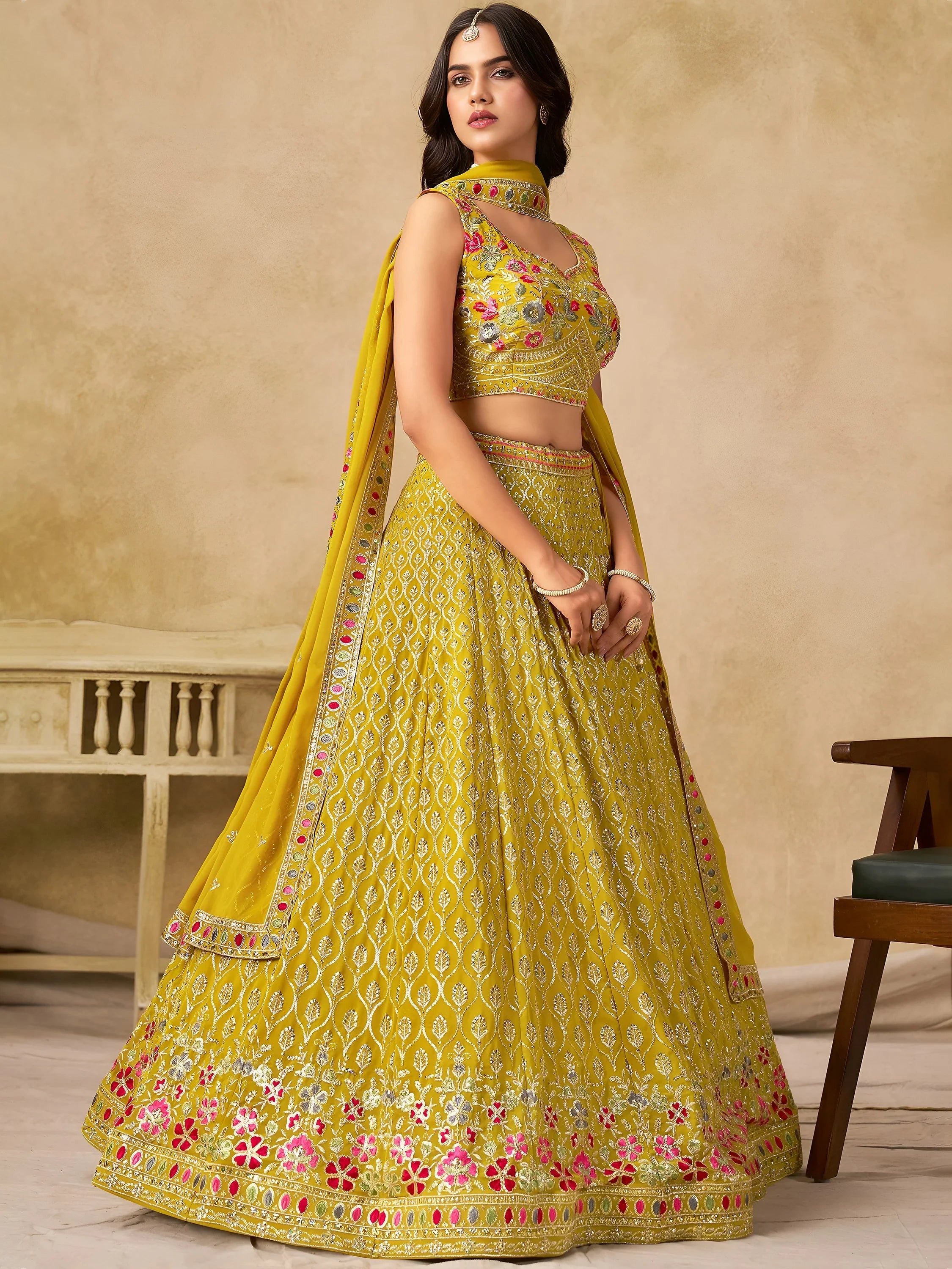 Classic Yellow Zari Embroidered Georgette Haldi Wear Lehenga Choli