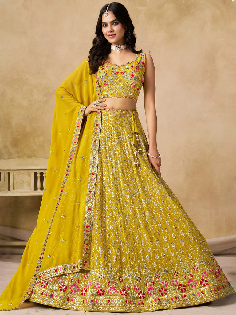 Classic Yellow Zari Embroidered Georgette Haldi Wear Lehenga Choli
