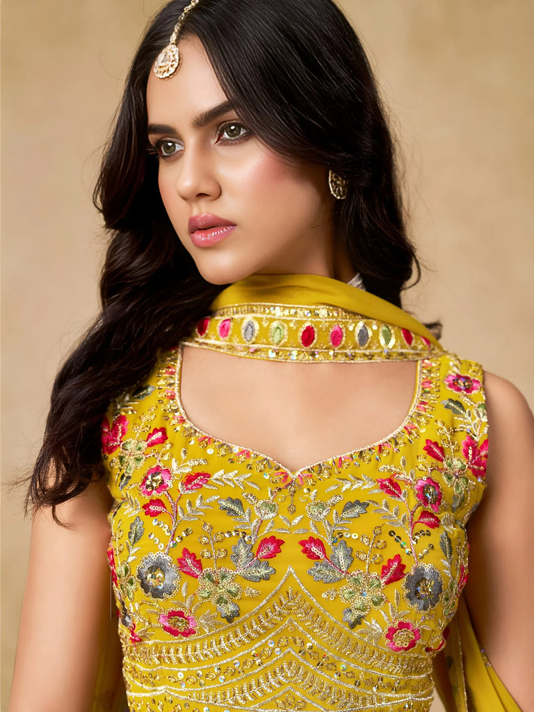 Classic Yellow Zari Embroidered Georgette Haldi Wear Lehenga Choli