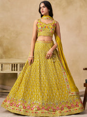Classic Yellow Zari Embroidered Georgette Haldi Wear Lehenga Choli