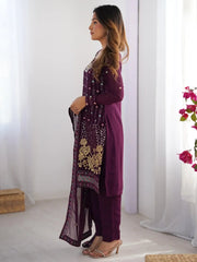 Dramatic Wine Georgette Sequins Event Wear Straight Suit - Ethnic Plus In