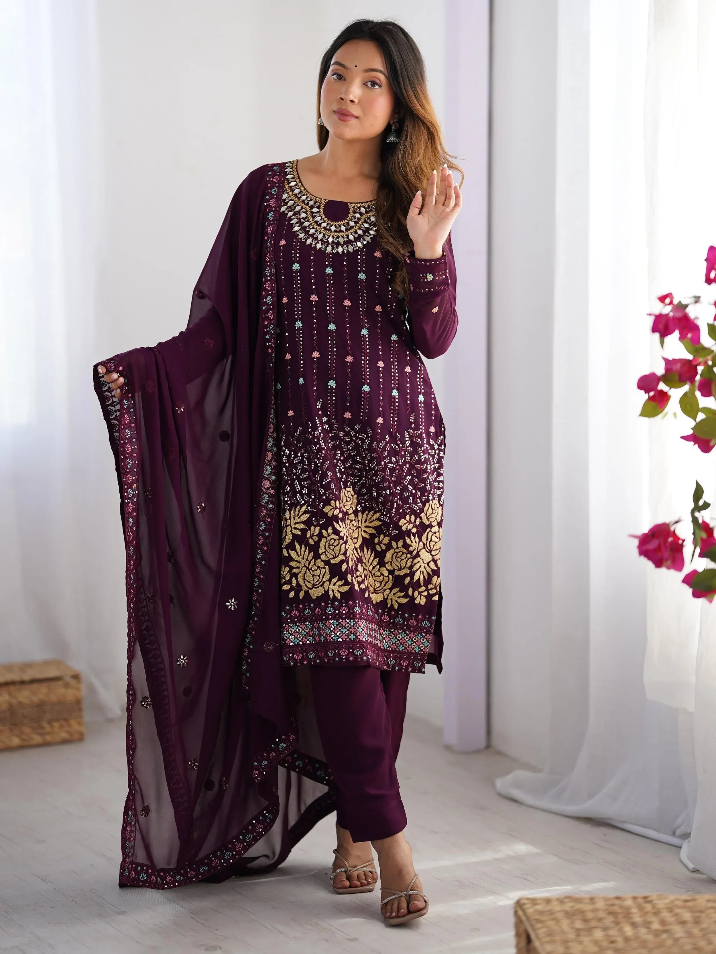 Dramatic Wine Georgette Sequins Event Wear Straight Suit - Ethnic Plus In