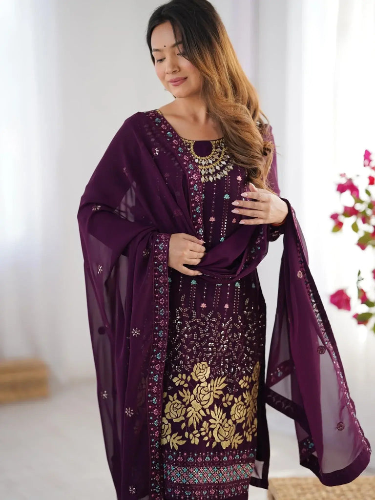 Dramatic Wine Georgette Sequins Event Wear Straight Suit - Ethnic Plus In