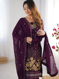 Dramatic Wine Georgette Sequins Event Wear Straight Suit - Ethnic Plus In