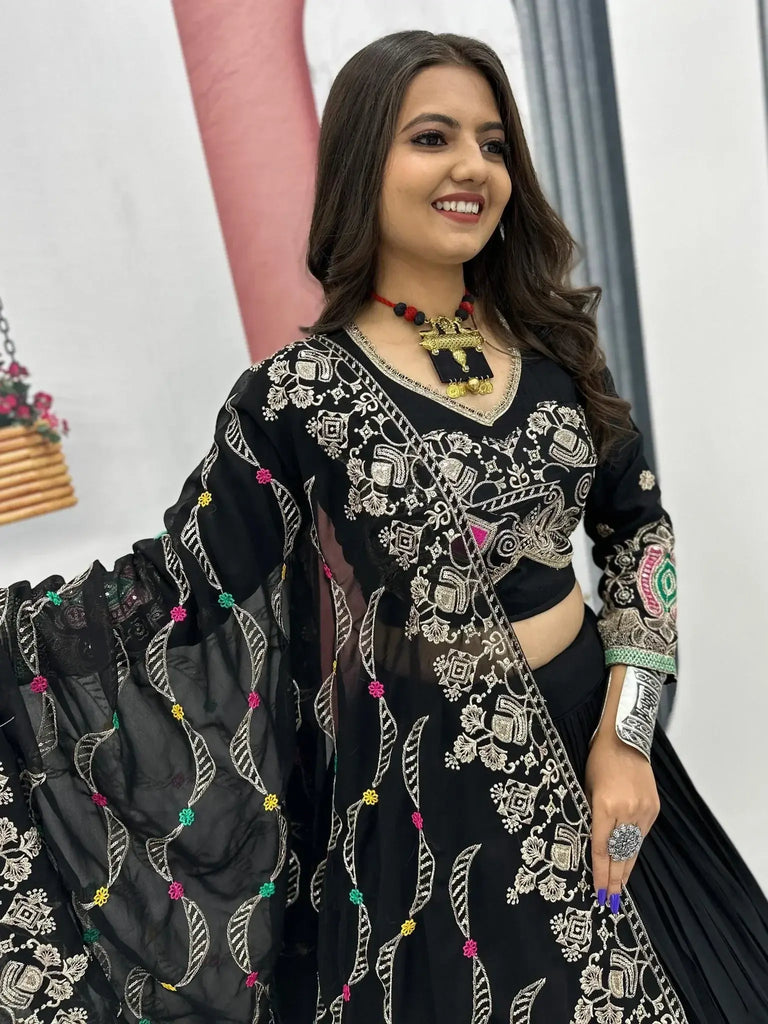 Dreamy Black Cotton Thread Embroidered Lehenga Choli - Ethnic Plus In