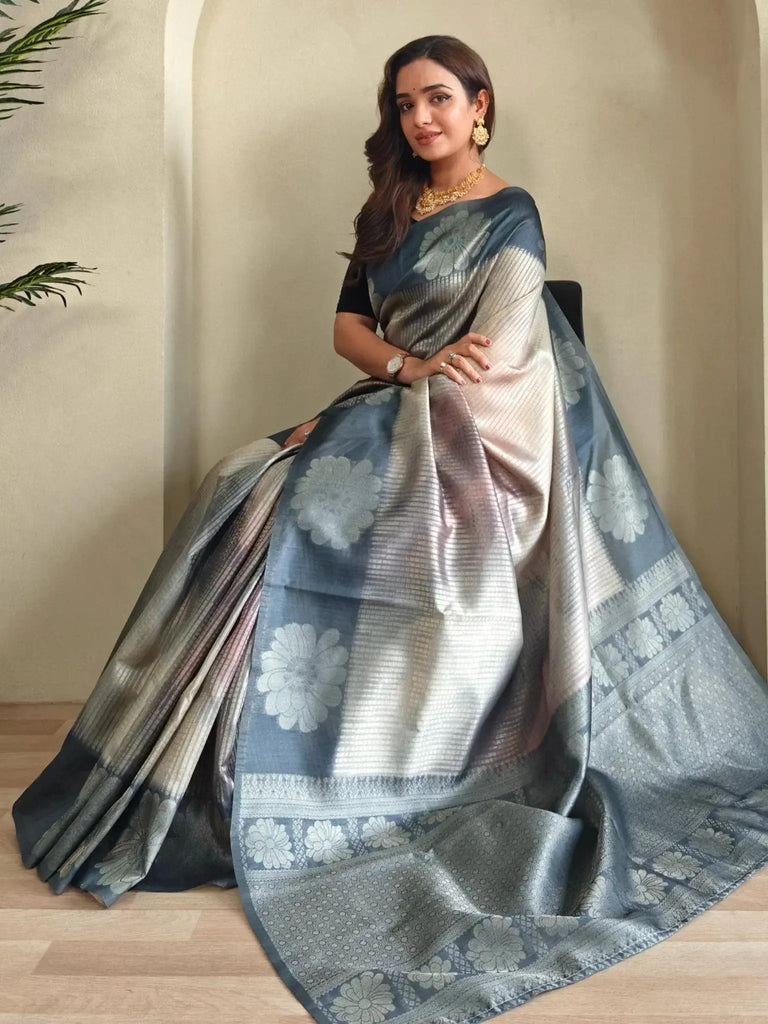 Dreamy Grey Silk Casual Wear Saree With Blouse - Ethnic Plus In
