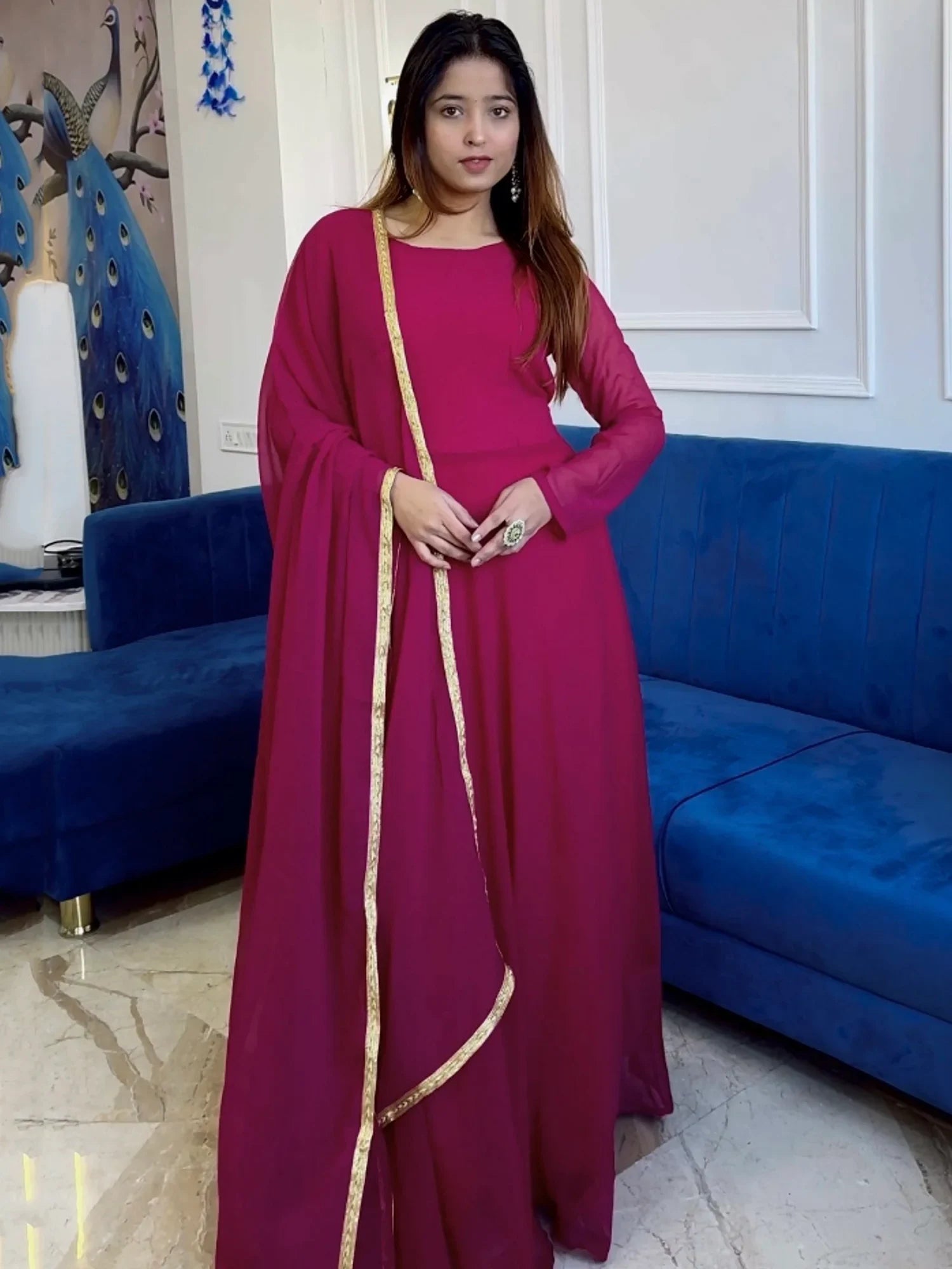 Dreamy Hot Pink Georgette Casual Wear Gown With Dupatta - Ethnic Plus In