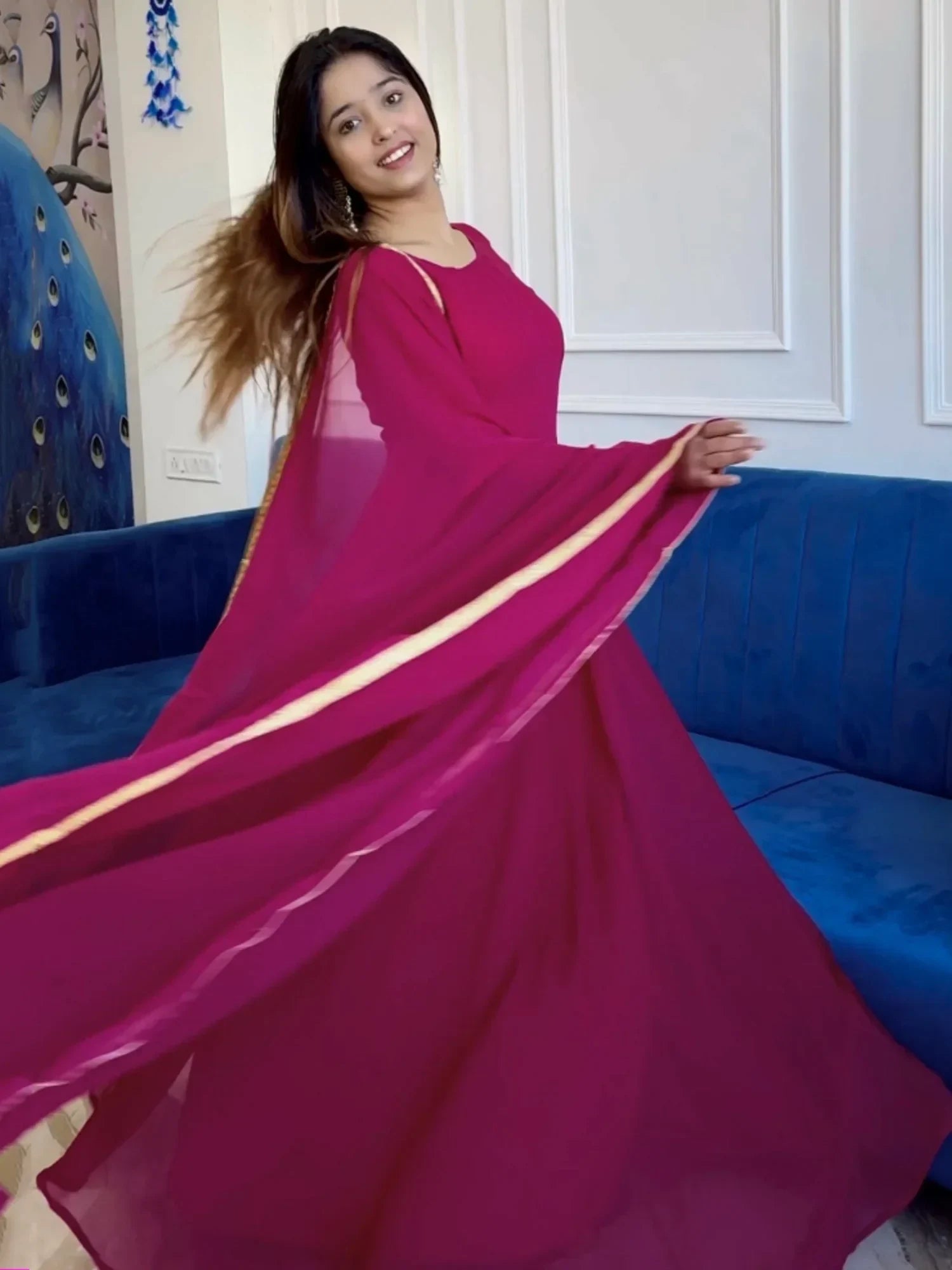 Dreamy Hot Pink Georgette Casual Wear Gown With Dupatta - Ethnic Plus In