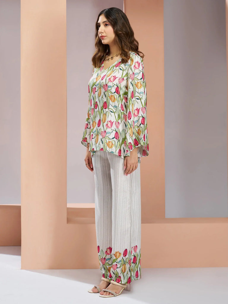 Captivating White Floral Printed Muslin Silk Office Wear Co-Ord Set