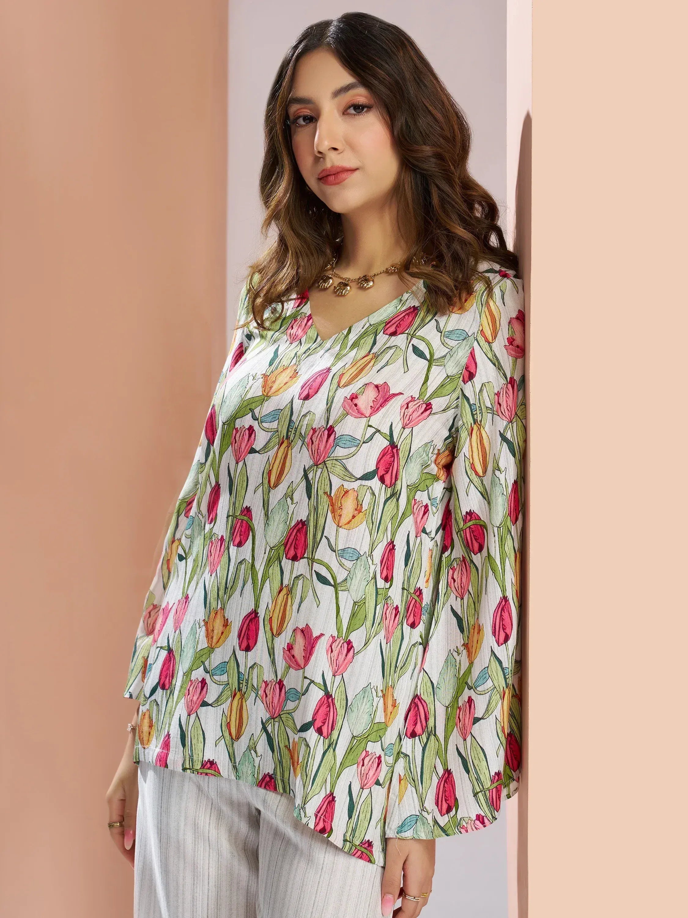 Floral print ethnic top with tulip design, perfect for Indian wear and casual occasions