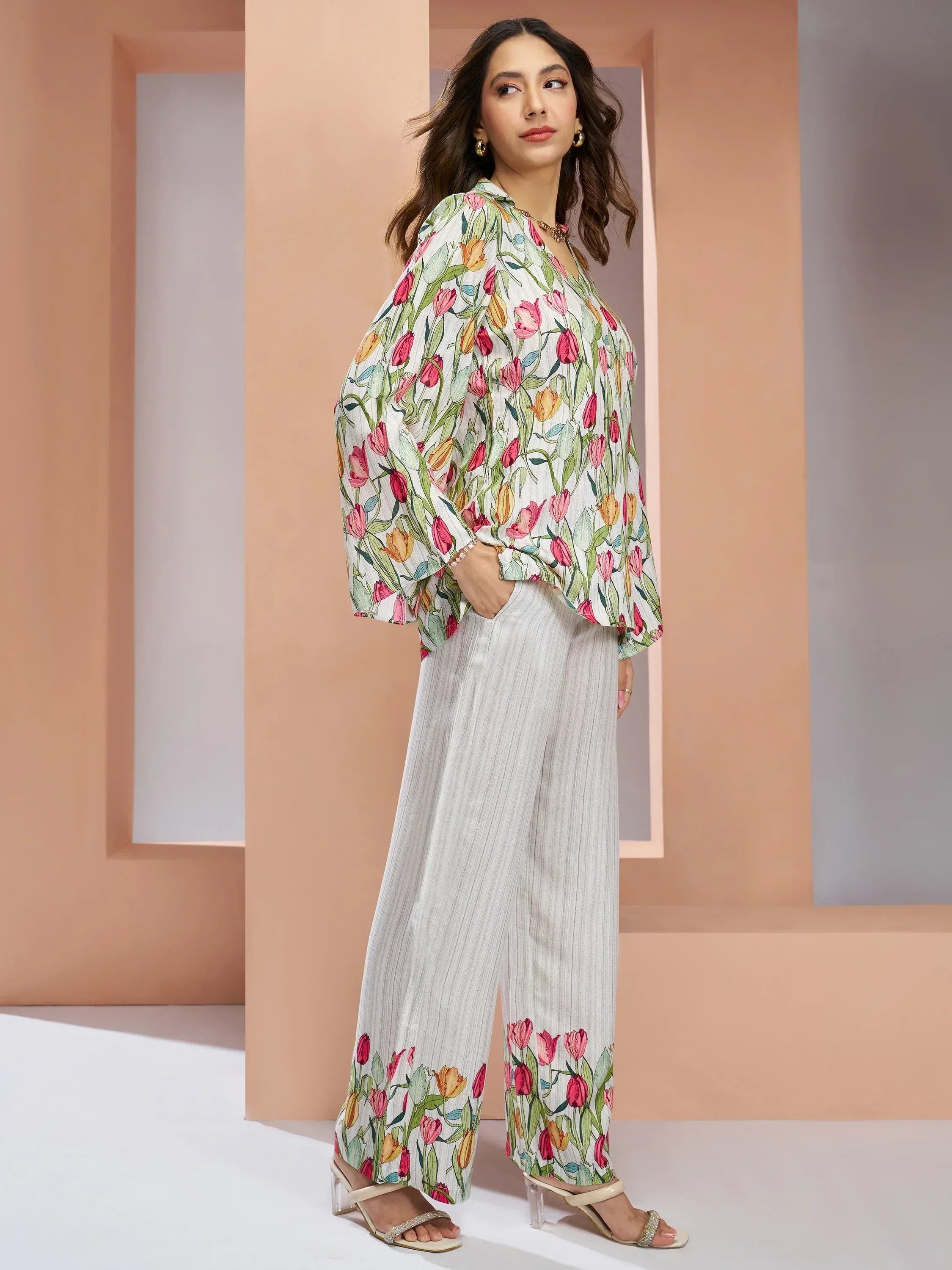 Floral print ethnic top and palazzo pants set with tulip design, stylish Indian wear for women