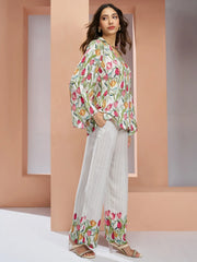 Captivating White Floral Printed Muslin Silk Office Wear Co-Ord Set