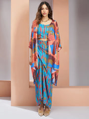 Fascinating Aqua Blue Digital Printed Silk Party Wear Co-Ord Set
