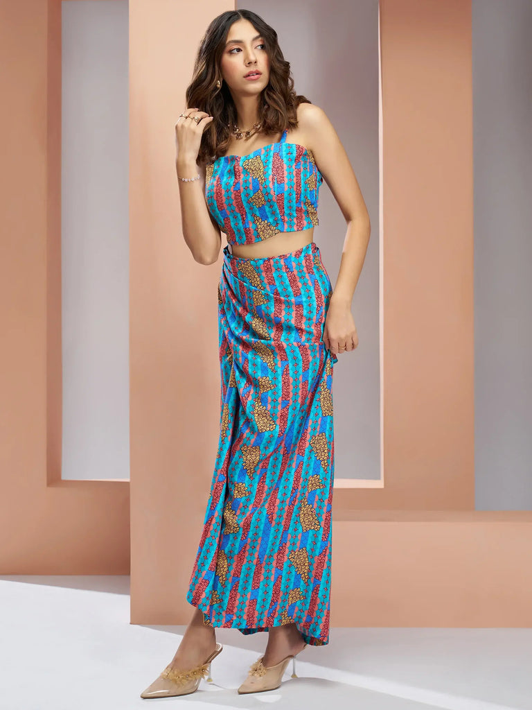 Fascinating Aqua Blue Digital Printed Silk Party Wear Co-Ord Set