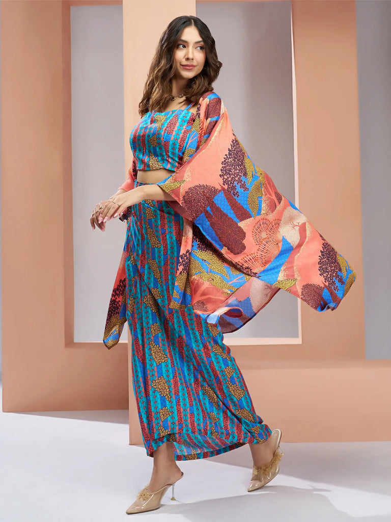 Fascinating Aqua Blue Digital Printed Silk Party Wear Co-Ord Set