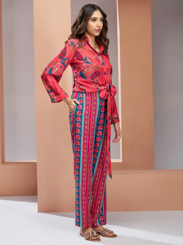 Glamorous Coral Pink Digital Printed Silk Office Wear Co-Ord Set