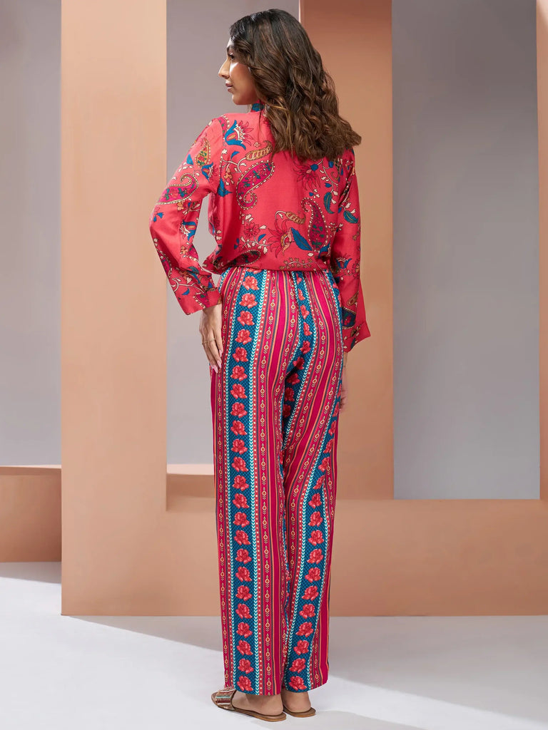 Glamorous Coral Pink Digital Printed Silk Office Wear Co-Ord Set