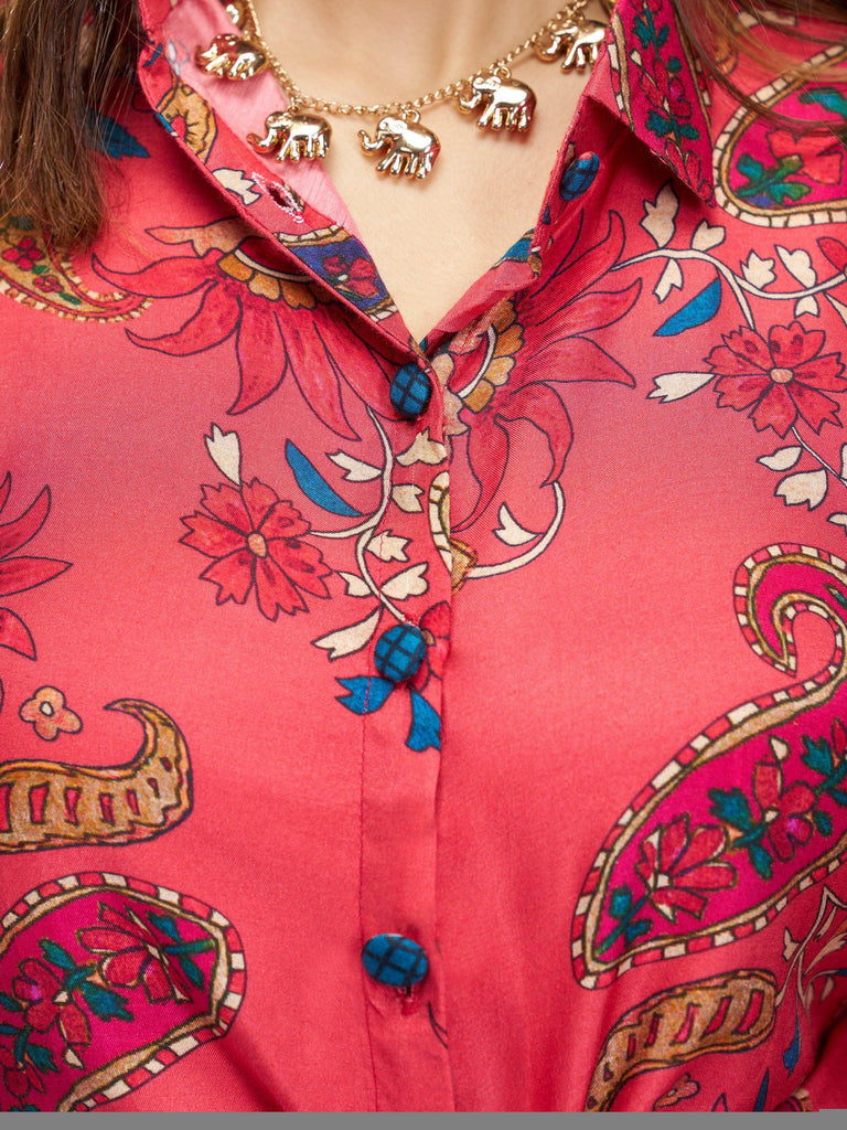 Glamorous Coral Pink Digital Printed Silk Office Wear Co-Ord Set