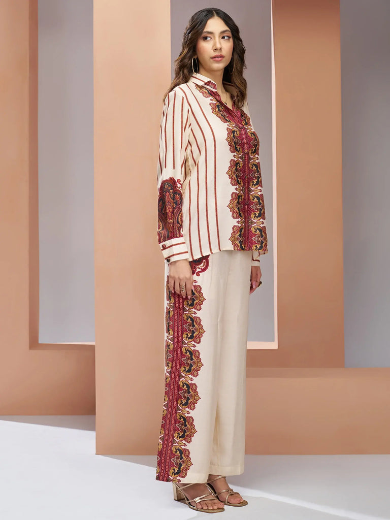 Charming Cream Digital Printed Muslin Silk Casual Wear Co-Ord Set