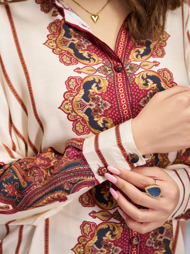 Charming Cream Digital Printed Muslin Silk Casual Wear Co-Ord Set