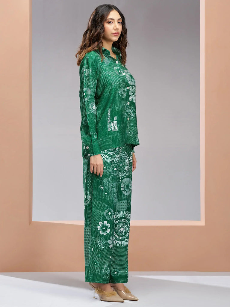 Magnetic Dark Green Digital Printed Muslin Silk Casual Wear Co-Ord Set