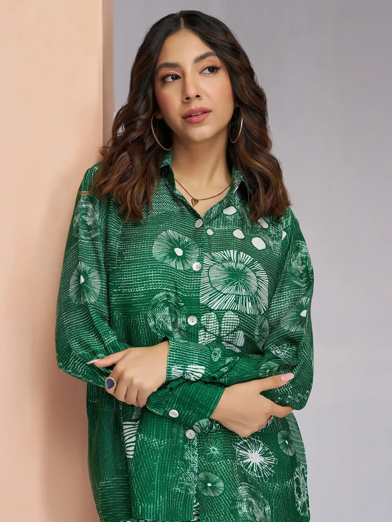 Magnetic Dark Green Digital Printed Muslin Silk Casual Wear Co-Ord Set