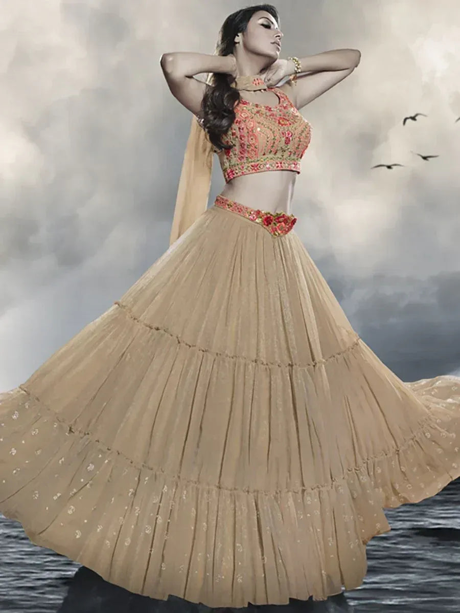 Beige embroidered lehenga choli with floral blouse, perfect for Indian ethnic wear occasions
