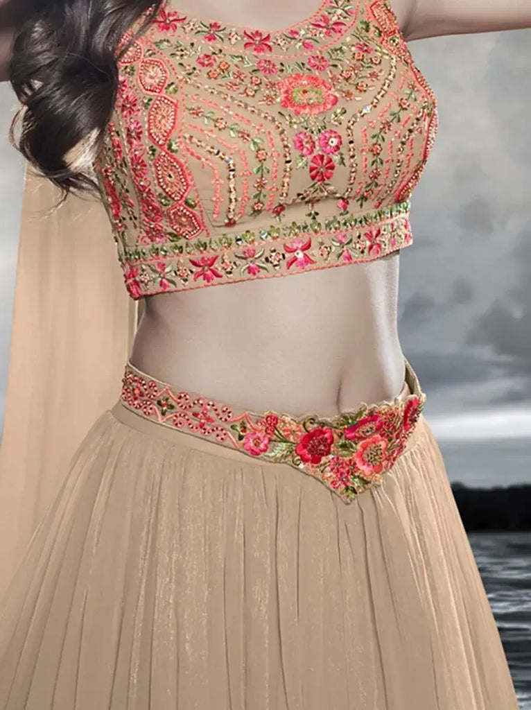 Beautiful Beige Thread Work Art Silk Occasion Lehenga Choli