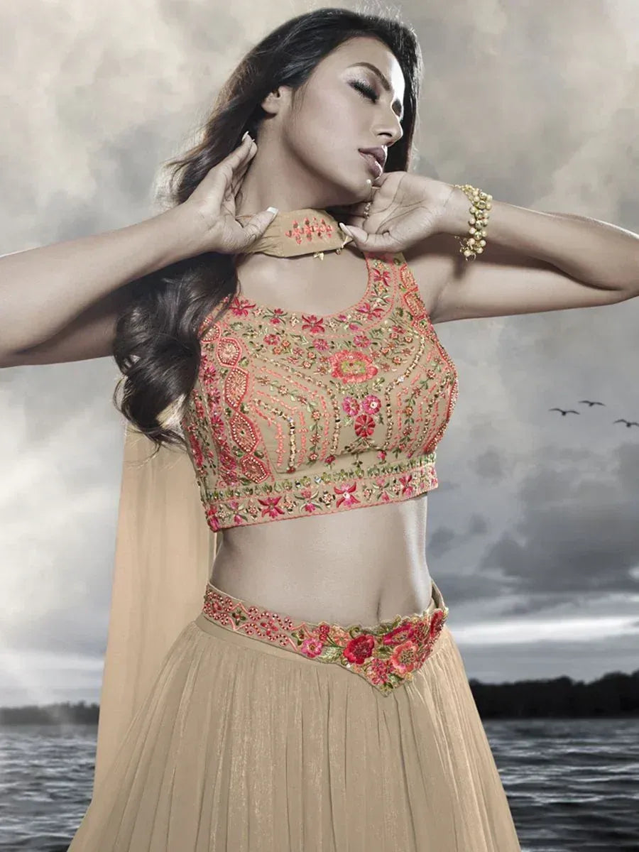 Beige floral embroidered lehenga choli with matching dupatta, perfect for Indian ethnic occasions
