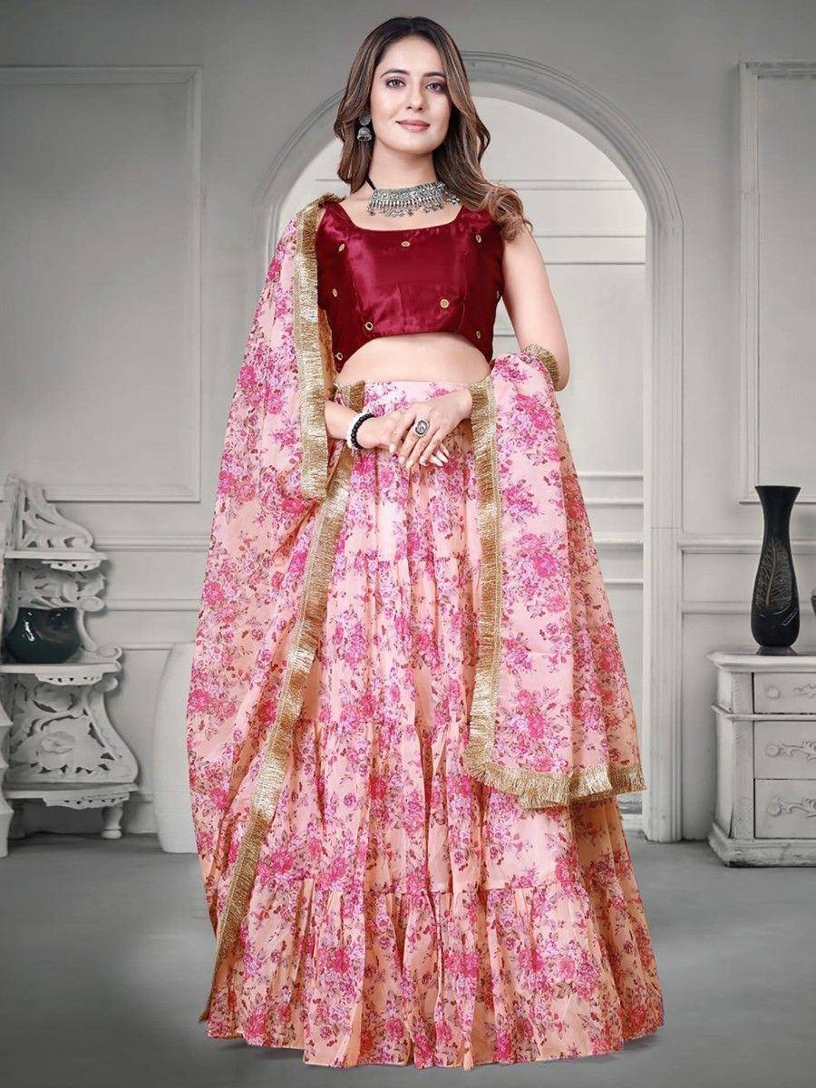 Pink floral lehenga choli with maroon blouse and gold trim, Indian ethnic wear