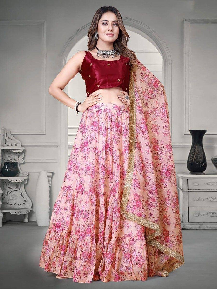 Pink floral lehenga choli with maroon velvet blouse, ethnic Indian wear for women