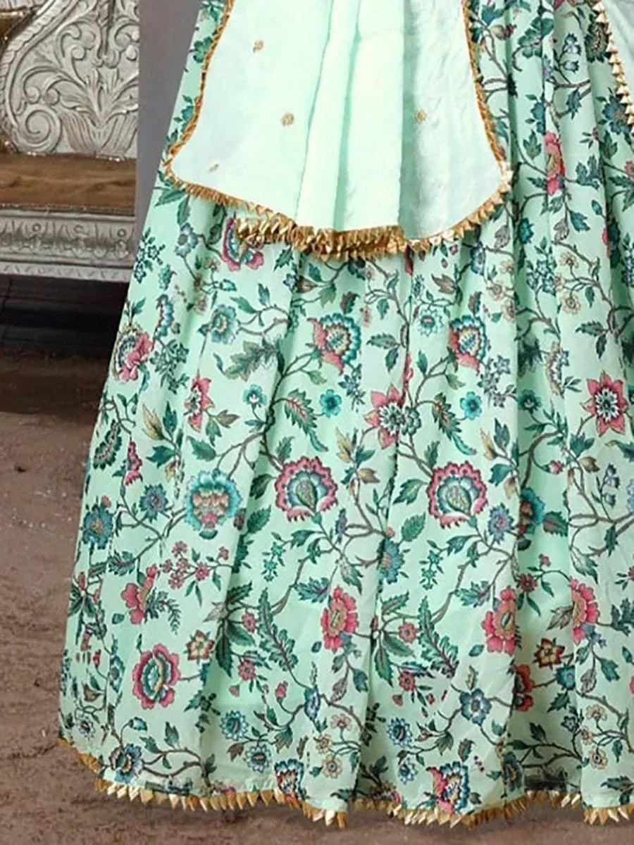 Mint green floral lehenga choli with gold trim, Indian ethnic wear