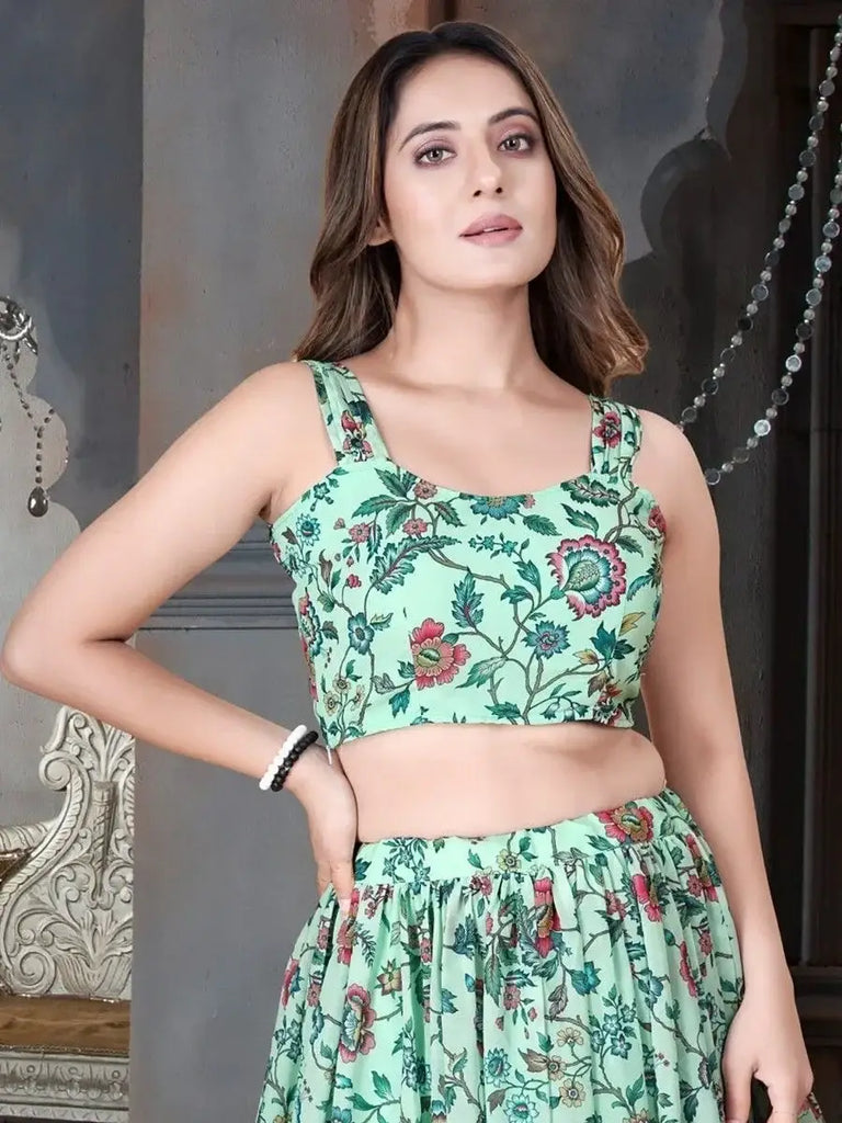 Charming Green Floral Printed Chinon Party Wear Lehenga Choli