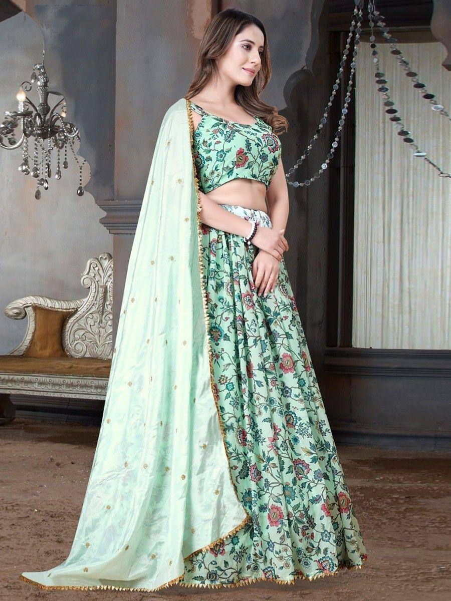 Mint green floral lehenga choli with dupatta, Indian ethnic wear for women