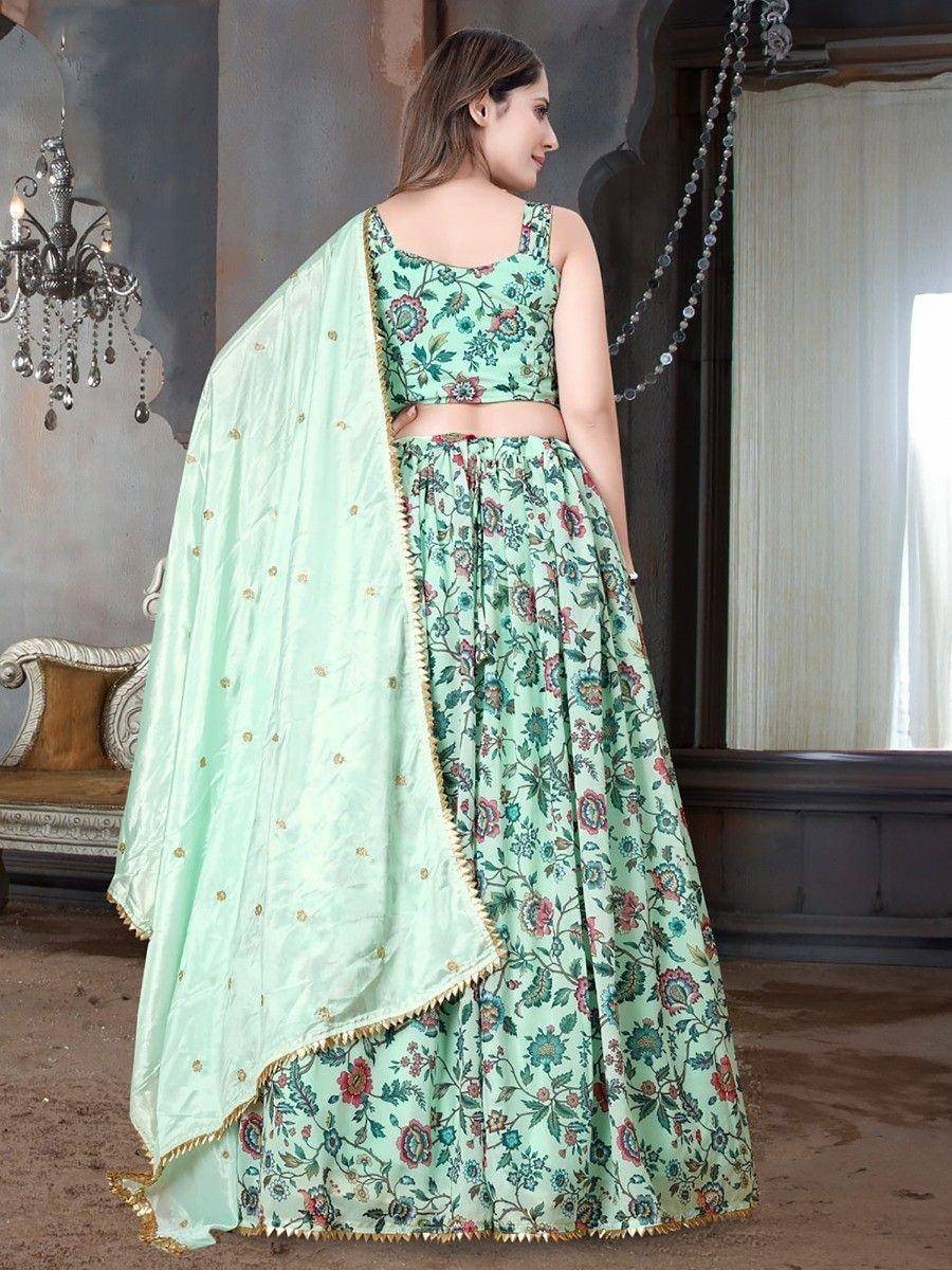 Mint green floral lehenga choli with embroidered dupatta, Indian ethnic wear for women