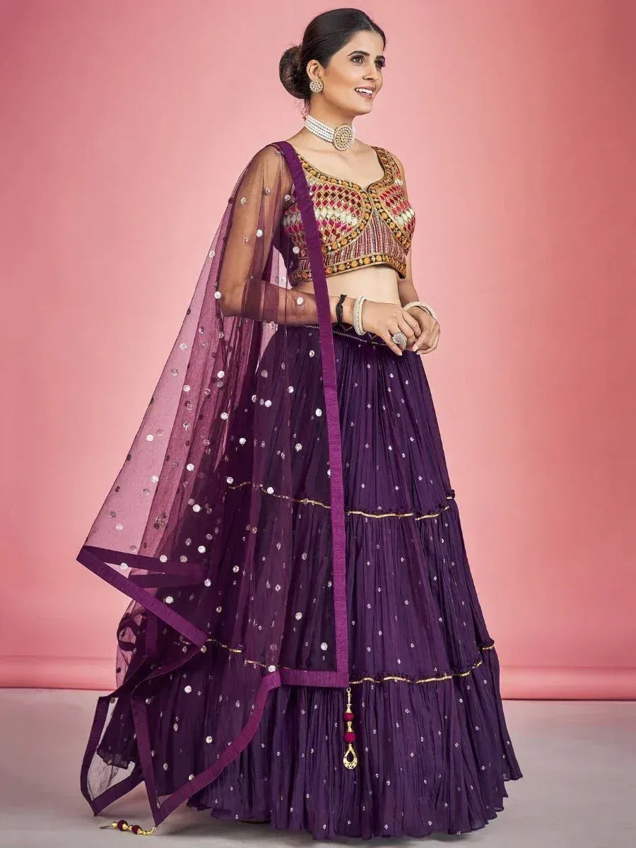 Purple lehenga choli with gold embroidery and sequin dupatta, perfect for Indian ethnic wear events