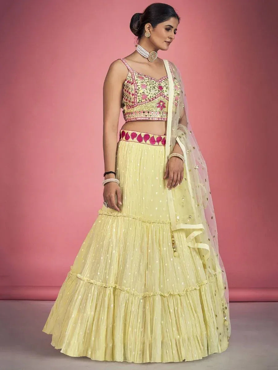 Yellow embroidered lehenga choli with pink floral blouse and sheer dupatta, Indian ethnic wear