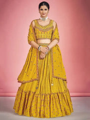 Enchanting Mustard Sequin Work Georgette Ceremony Wear Lehenga Choli