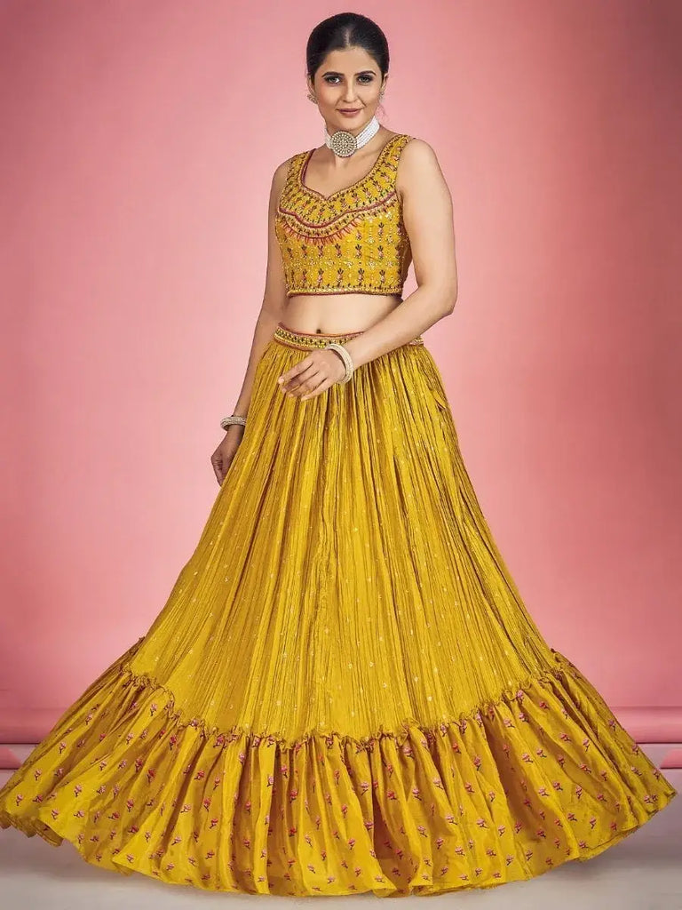Enchanting Mustard Sequin Work Georgette Ceremony Wear Lehenga Choli