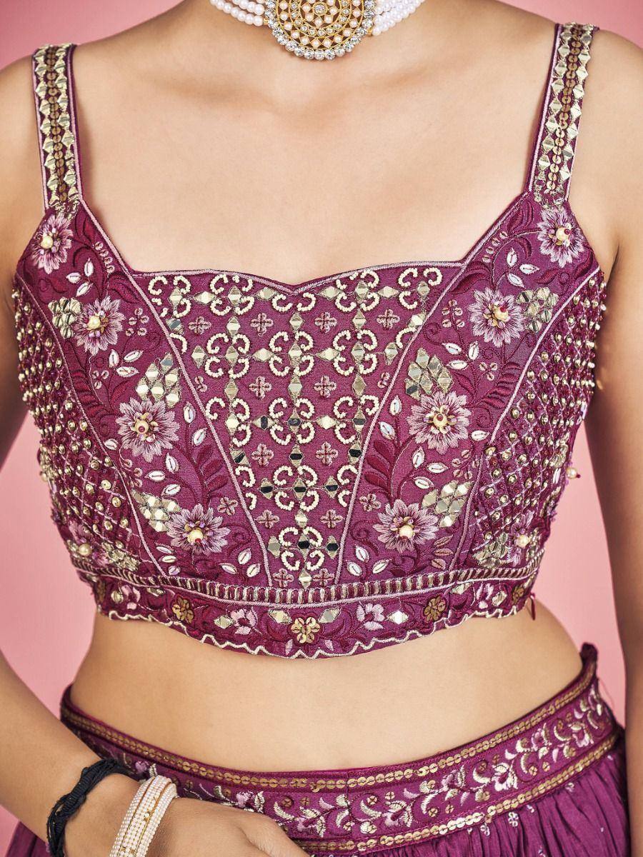 Purple embroidered lehenga choli blouse with floral mirror work and gold detailing, perfect for Indian ethnic wear