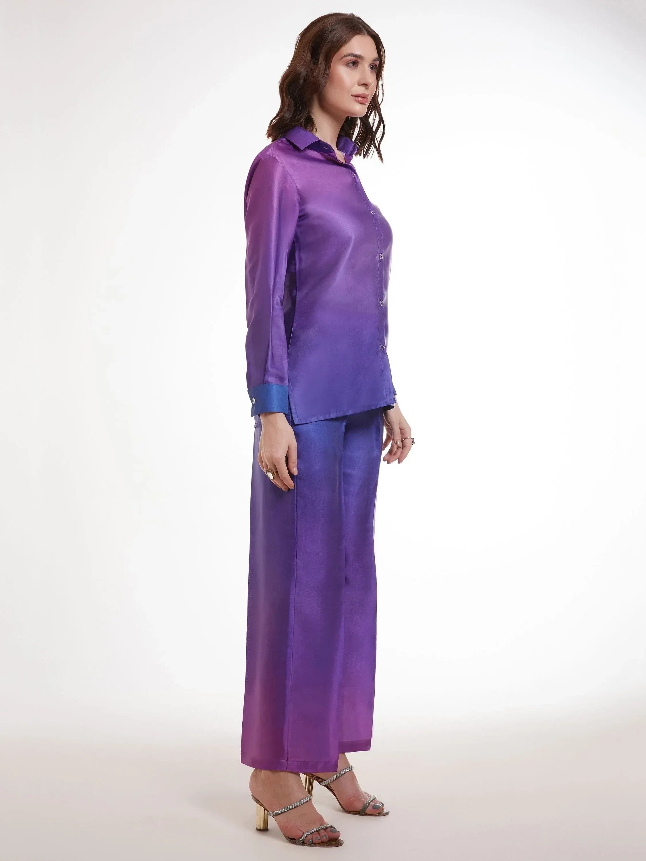 Purple silk shirt and palazzo pants set for ethnic wear