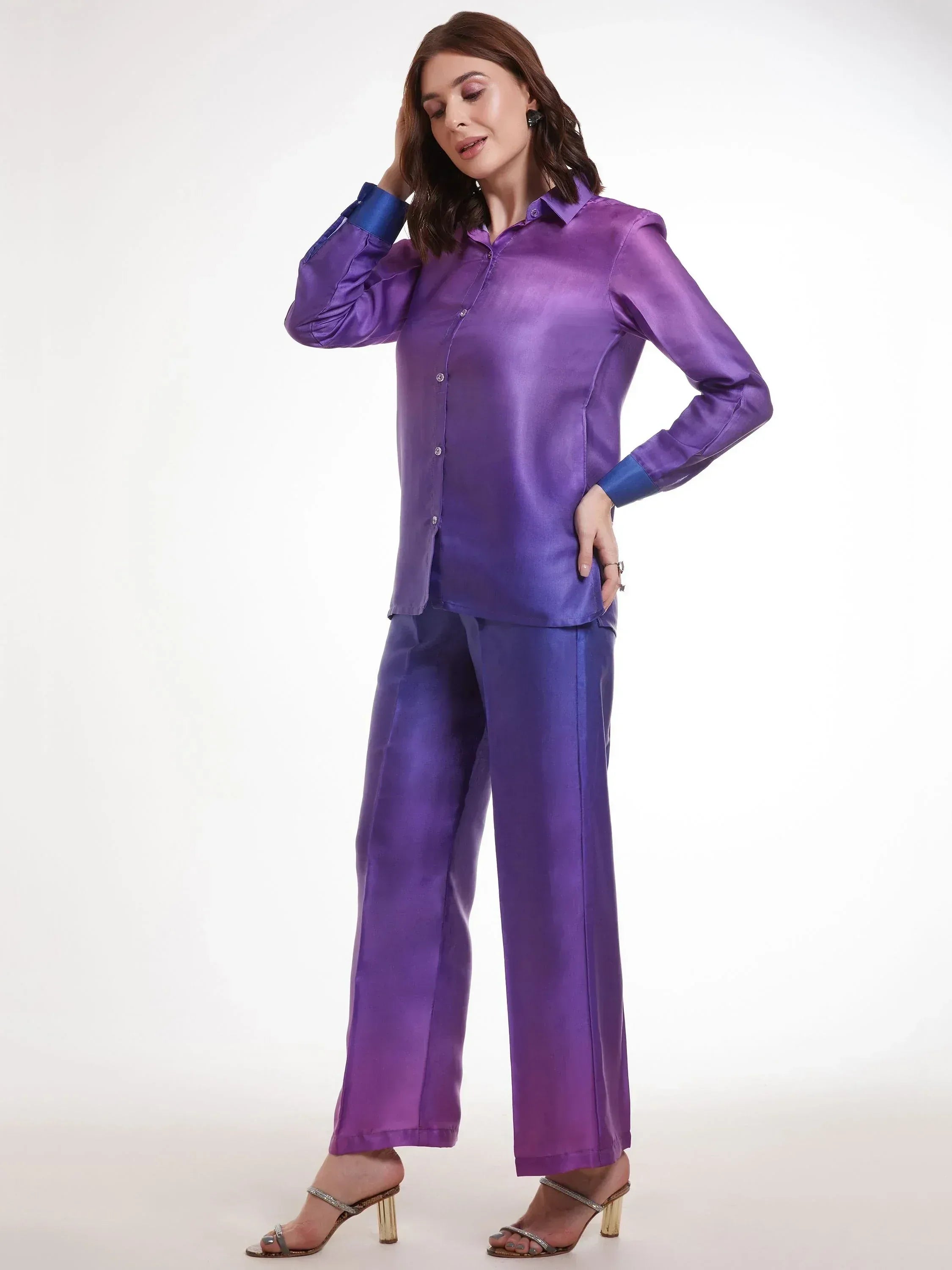 Purple satin shirt and palazzo pants set, stylish ethnic wear for women