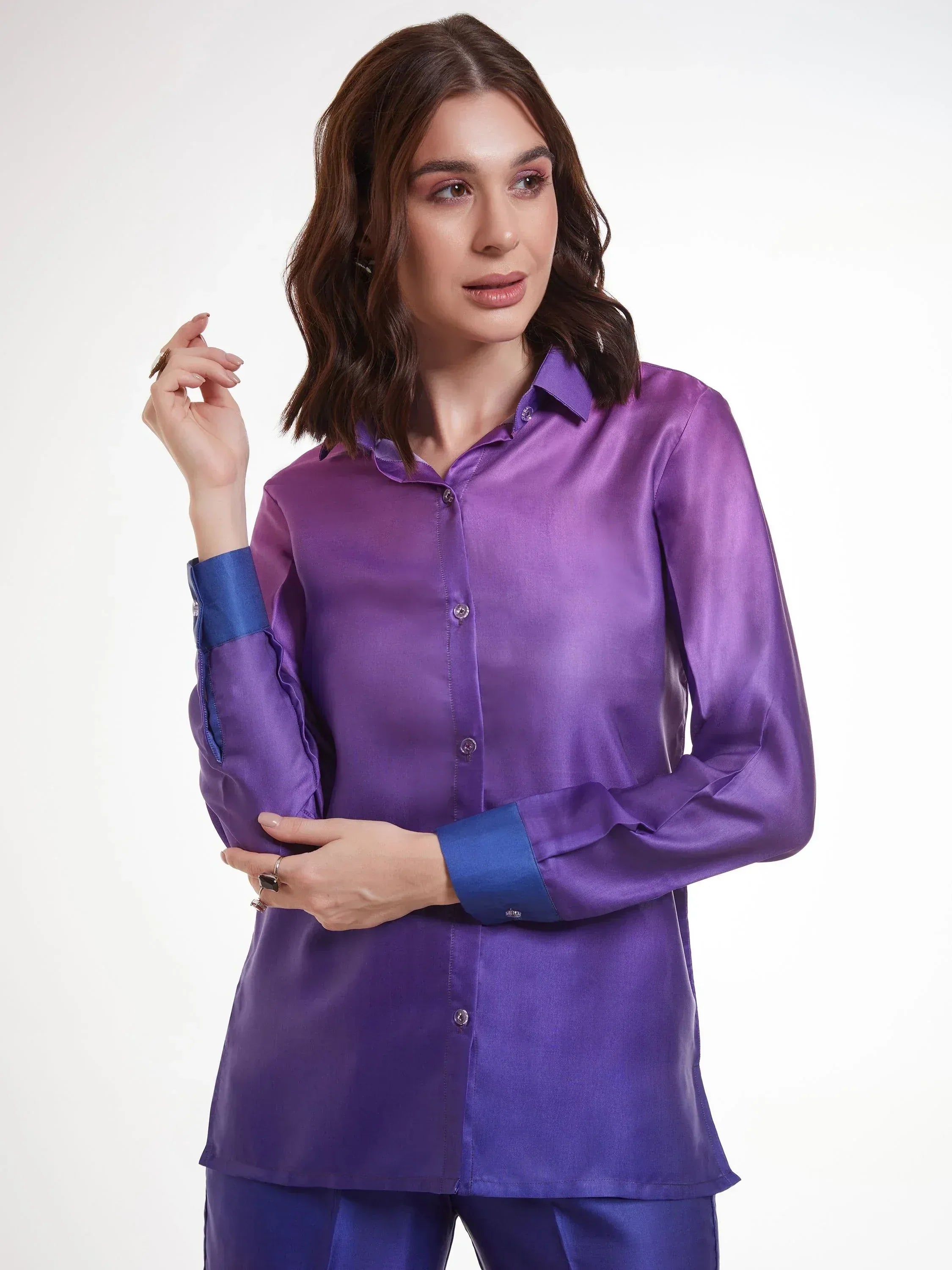 Purple silk shirt with blue cuffs, stylish ethnic wear for women